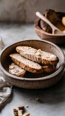 Fototapeta premium Rustic breakfast scene with sliced bread and cream topping on ceramic plate