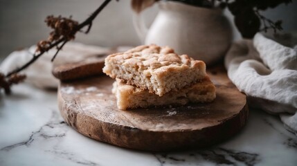 Rustic homemade biscuit on wooden board with natural decor and linen fabric