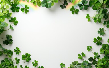 Minimalistic soft white background with a delicate rainbow and shamrocks in the corners for Saint Patricks Day, with space for text
