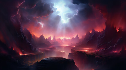 A breathtaking view of an ethereal landscape illuminated by vibrant colors and textures. The dramatic interplay of light and shadow creates an otherworldly atmosphere and wonder.