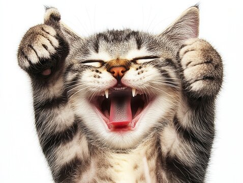 Playful tabby kitten yawning and stretching paws on white background