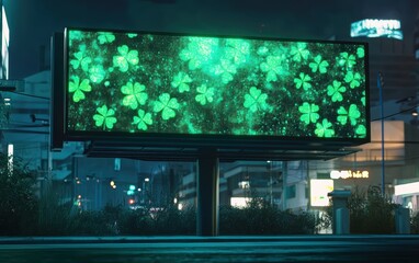 Billboard mockup with a glowing futuristic design, digital shamrocks, and a tech-themed Saint Patricks Day advertisement
