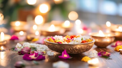 Beautiful decorative bowl filled with vibrant petals and candles creating a serene atmosphere for celebration : Generative AI