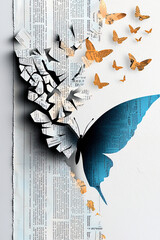 creative butterfly design emerging from torn newspaper, symbolizing freedom and transformation