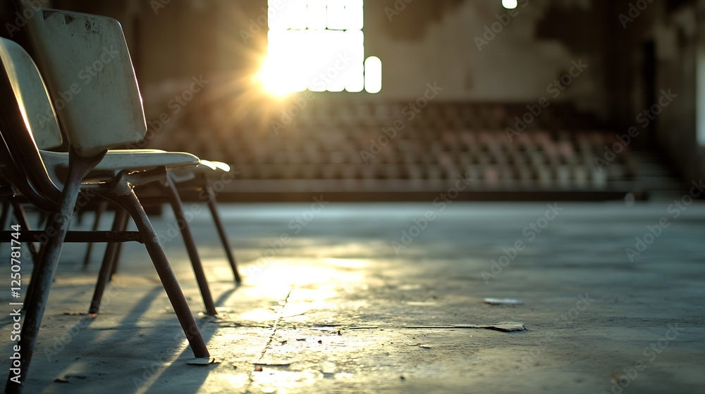 Poster Abandoned chairs in a large empty hall illuminated by sunlight streaming through broken windows : Generative AI