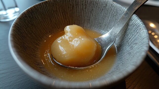 A close-up of a small bowl containing a tablespoon of rice porridge.