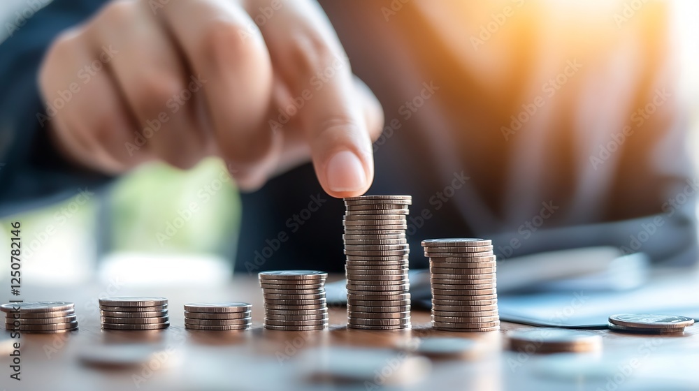 Poster Focused hand arranging piles of coins in a business setting to illustrate wealth and finance management strategies : Generative AI
