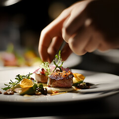 Chef's Artistic Touch: A close-up shot captures a chef's hands artfully plating an exquisite gourmet dish, showcasing the meticulous detail and culinary artistry involved in fine dining.