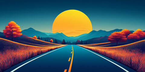 A scenic road winds through an autumnal landscape,