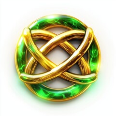 golden Celtic knot symbol with glowing green highlights for Saint Patricks Day, isolated on white