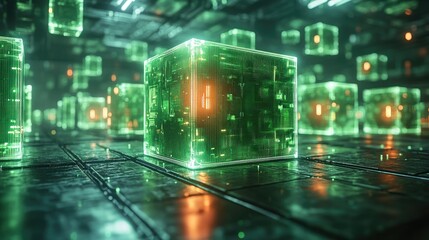 A vibrant, abstract representation of a cityscape made up of illuminated geometric blocks.