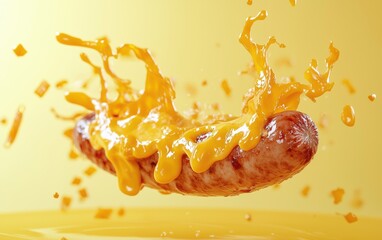 flying cheese-stuffed sausage with splashes of melted cheddar on a pastel yellow background