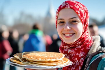 Russian Maslenitsa. A cute girl in a Russian headscarf holding a plate with pancakes. Spring blue sky, a blurry crowd.