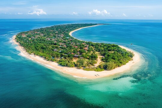Aerial View of Tropical Island in Vilankulo, Mozambique, Surrounded by Crystal Clear Water and Soft Sand Under a Bright Summer Sky