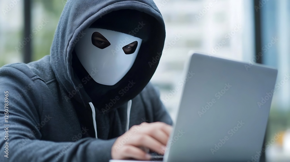 Leinwandbilder Mysterious hacker wearing a hoodie and mask engaged with a laptop in an urban setting : Generative AI