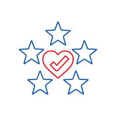 Heart with a check mark and five stars. Complete satisfaction, pleasure.Vector linear icon isolated on white background.