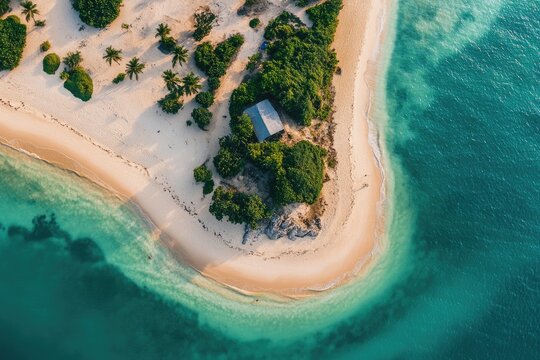 Aerial View of Tropical Island in Vilankulo, Mozambique: A Paradise of Blue Waters, Golden Sand, and Summer Skies