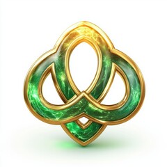golden Celtic knot symbol with glowing green highlights for Saint Patricks Day, isolated on white
