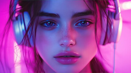 Close-up of a young woman with headphones, her eyes closed, against a gradient background transitioning from pink to white.