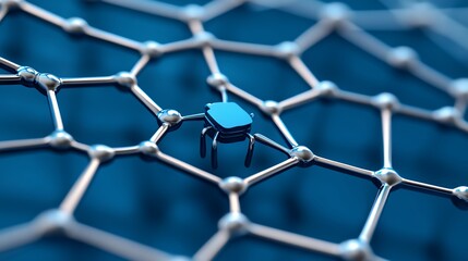 Fototapeta premium Dark Blue Robot Navigating a Metallic Hexagonal Network