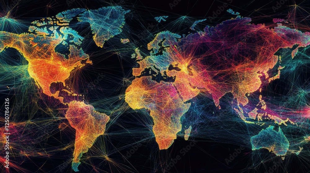 Poster colorful network visualization of world map with dynamic lines