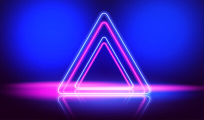 Realistic ai triangle glowing blue and pink neon lamps in futuristic gaming design. Display scene game for presentation. Empty show room with 3d stage vector background. Ai concept.