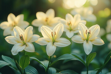 Naklejka premium White lilies blooming in a garden at sunset