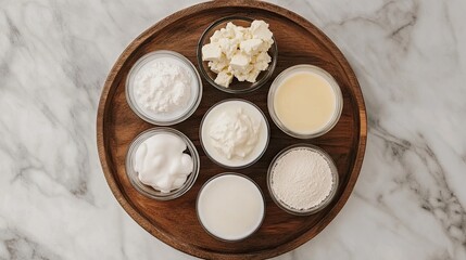 A selection of dairy-free milk options on a wooden tray.