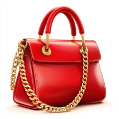 Saint Valentines Day and 8 March International Womens Day Realistic 3D icon cartoon of a stylish red handbag with golden chain, isolated on white