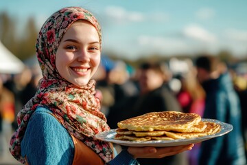 Russian Maslenitsa. A cute girl in a Russian headscarf holding a plate with pancakes. Spring blue sky, a blurry crowd.