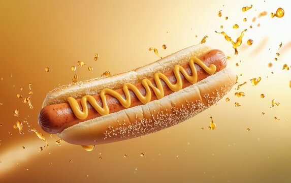 flying footlong hot dog with splashes of honey mustard on a pastel gold background