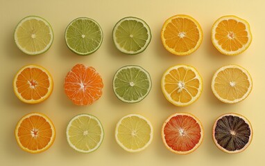 Fototapeta premium Sliced citrus fruits including oranges, lemons, and limes placed beautifully on a pastel yellow background
