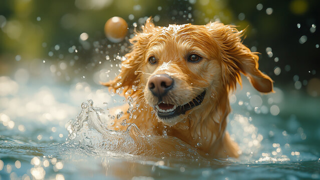  joyful golden retriever splashing in the water while chasing a ball. the dog's wet fur and excited expression capture the pure energy and fun of a playful summer day, with sunlight reflecting beautif