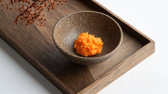 A small bowl with a single tablespoon of mashed carrots on a wooden tray.