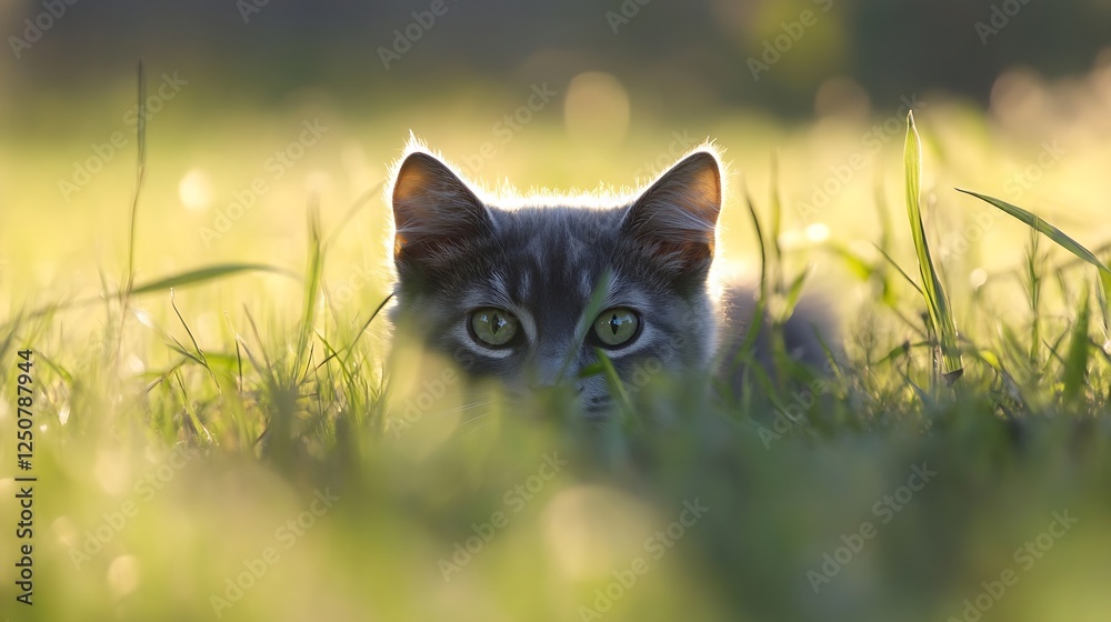 Poster curious cat peering through lush green grass in a captivating natural setting on a sunny day : gener