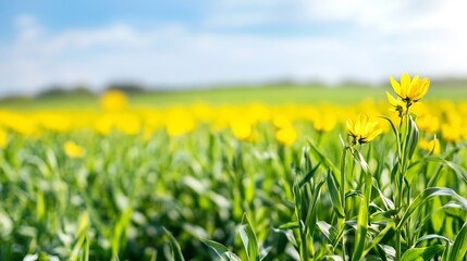 Fototapeta premium Vibrant Yellow Wildflowers Blooming in a Sunny Field Capturing the Essence of Spring : Generative AI