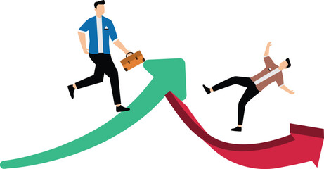 Businessmen who make money on investments versus those who lose money, business failures versus successes, instability of investments, businessmen running on up arrows versus falling on down arrows