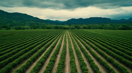 Fototapeta premium Serene Green Plantation Landscape Under Cloudy Sky