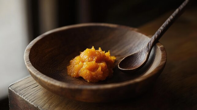 A small wooden plate with a tablespoon of finely mashed pumpkin.