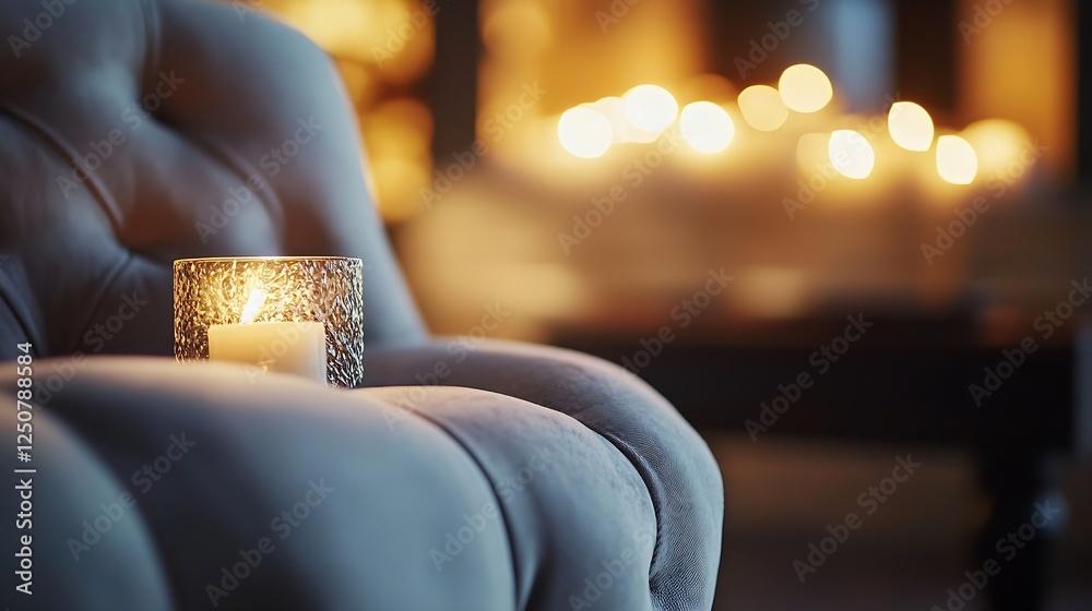 Aufkleber Cozy armchair with a lit candle creating a warm inviting atmosphere in soft focus : Generative AI