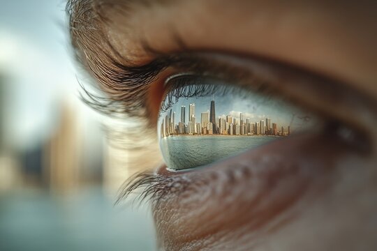 Eye reflecting chicago skyline, vision of urban success and architectural wonders