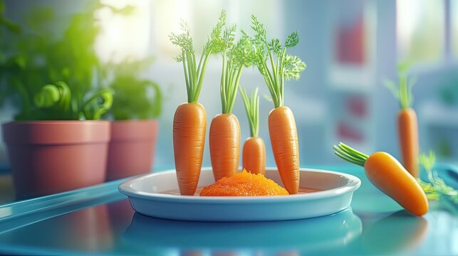 A tiny dish with a tablespoon of blended carrots on a feeding tray.