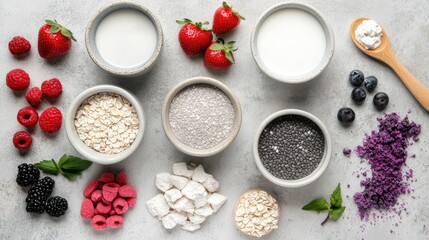 A top-down view of different milk alternatives in small bowls.