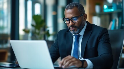 Fototapeta premium Professional man sitting at a desk working on a laptop in a stylish office environment with natural light : Generative AI