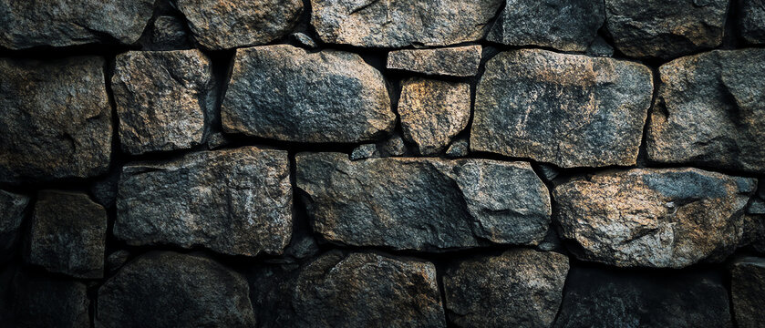 A close-up view of a rustic stone wall, showcasing various textures and colors of the stones. Ideal for backgrounds in design projects or to highlight natural materials.