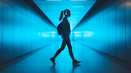 Full-body shot of a young woman with headphones, walking down an empty hallway, with a rich blue background