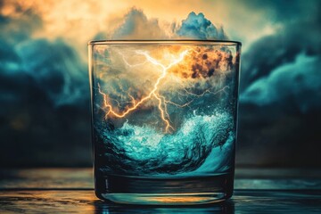 Storm trapped in glass with lightning striking ocean waves