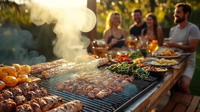 Sizzling barbecue grill loaded with delicious meats and vegetables, smoke rising, friends enjoying a meal outdoors; use for food, lifestyle, summer party, or cooking content.