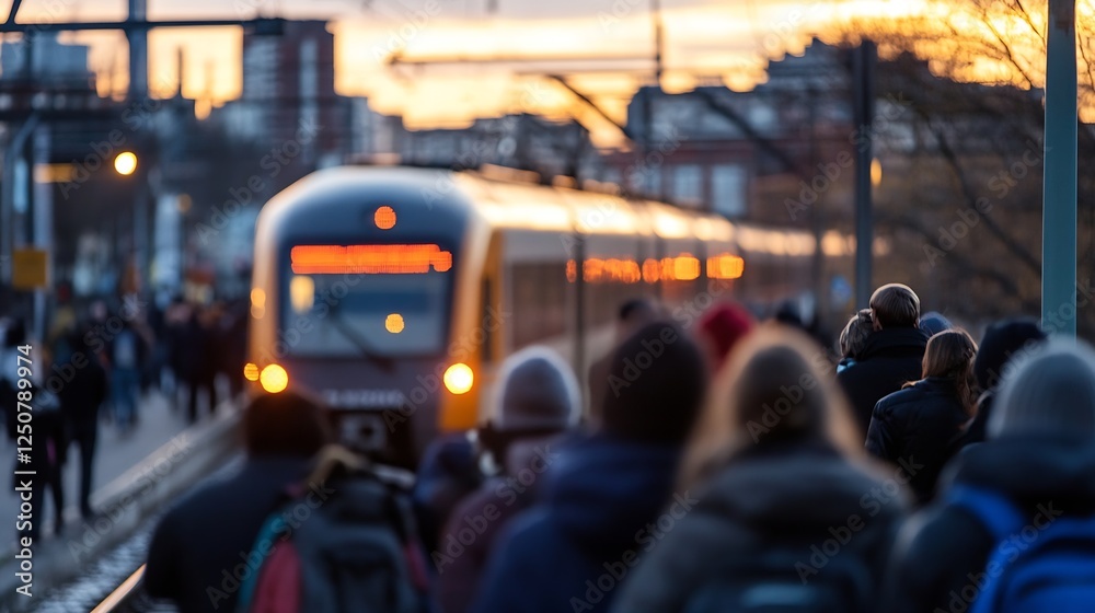 Poster Crowd of commuters waiting for a train arrival at a busy station during golden hour : Generative AI