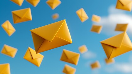 Floating Yellow Envelopes In A Blue Sky
